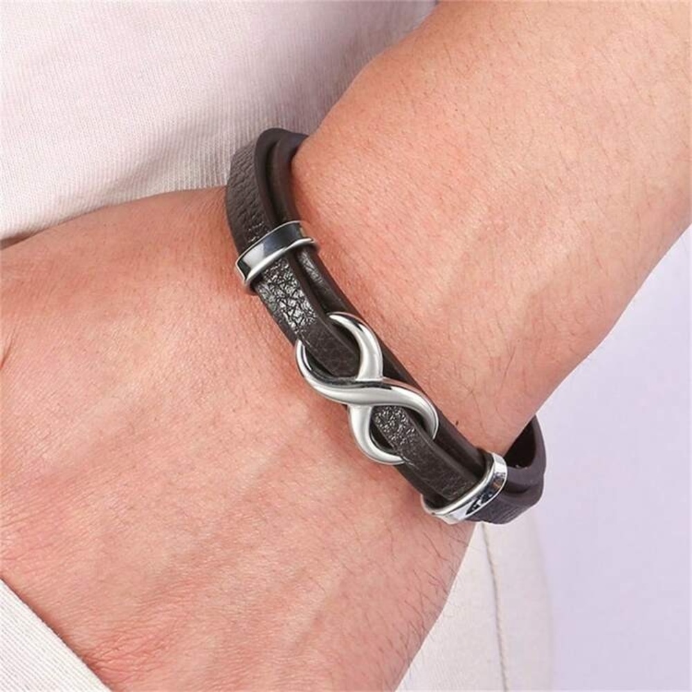 Men's Brown Leather Bracelet with Silver Accents - Picture 2 of 3